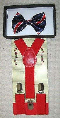 Kids Blue&Red Stripes Boys Girls Adjustable Bow Tie& Red Y-Back suspenders-New!