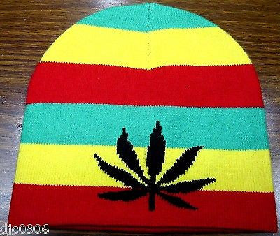 Rasta Red,Yellow,Green MJ Marijuana Leaf Beanie Ski Cap w Rasta MJ Gloves -New!