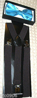 Solid Shiny Blue Adjustable Bowtie & Solid Black Adjustable Suspenders Combo-New