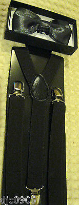Solid Gray Adjustable Bowtie & Solid Black Adjustable Suspenders Combo-New