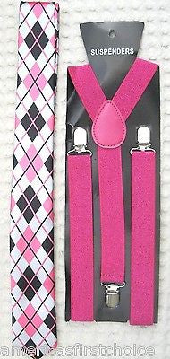 Hot Pink Adjustable Bow Tie,Hot Pink Necktie+Pink&Black Stripes Suspenders Combo