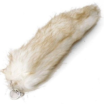 UNISEX WHITE WITH BROWN STREAKS FUR FOX TAIL FOXTAIL KEYCHAIN 12" CLIP-NEW!