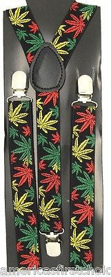 2 Rasta Stripes Weed MJ Leaves + 4 Weed Leaves Suspenders Combo-New in Package!