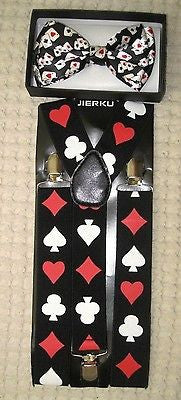 Poker Player Cards 4 Suite Adjustable Bow Tie and Poker 1 1/2" Suspenders-New!v5