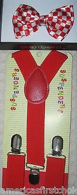 Kids Boys Girls Red White Checkers Adjustable Bow Tie & Red Y-Back suspenders