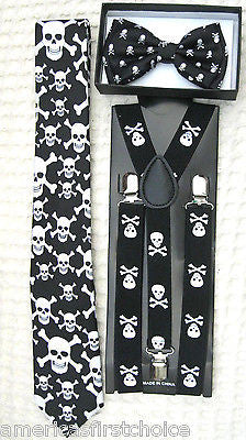 Unisex Small Skulls Crossbones Bow tie, Skulls Neck Tie,& Suspenders Combo Set