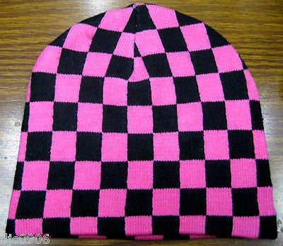 Pink and Black Checker Checkered Winter Knitted Skull Beanie Ski Cap-New!