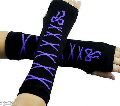 Black Purple Laces Ribbon  Elastic Fingerless Arm Warmers Elbow Long Gloves-New