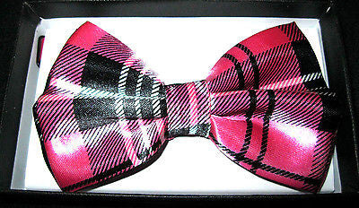 PINK BLACK SHINY PLAID TUXEDO ADJUSTABLE  BOW TIE BOWTIE-NEW!PLAID BOW TIE