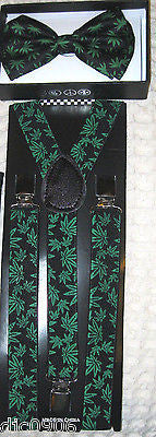Marijuana MJ Weed Leave Bow tie and MJ  Weed Adjustable Suspenders Combo-New!