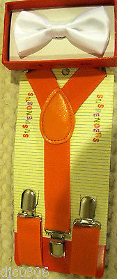 White Kid's Boys Girls Y-Style Back Adjustable Bow Tie & Orange Kids suspenders