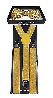 Gold Sequin Adjustable Bow tie&Gold Glitter Adjustable Suspenders Combo-New!v4