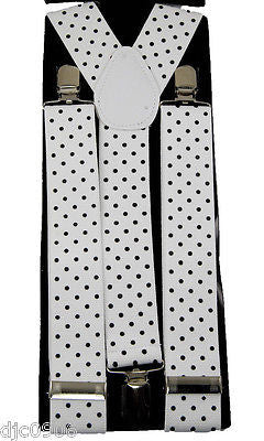 THICK 1 1/2"  WHITE WITH BLACK POLKA DOT Adjustable Y-Style Back suspenders-New!