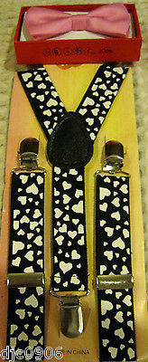 Pink Kids Boys Girls Y-Style Back Adjustable Bow Tie & Hearts Kid suspenders-New