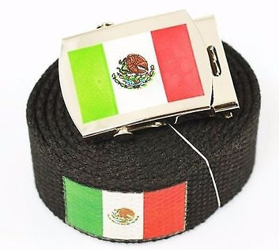 Canvas Military "Mexico" Green White Red Flag Web Belt & Matching Belt Buckle