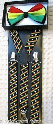 Rasta Stripes Bow Tie,Rasta NeckTie,Rasta Stripes Peace Sign Suspenders&Lanyard