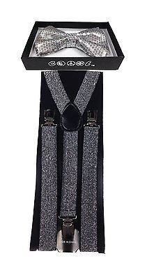 GRAY SILVER SEQUIN PATTERN  ADJUSTABLE  BOW TIE + SILVER GLITTER SUSPENDERS SET3