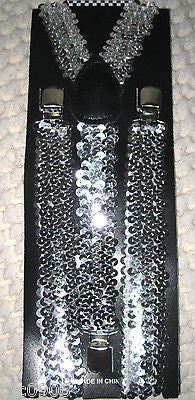 Silver Sequin Pre-Tied Neck tie & Silver Glittered Suspenders Combo Set-New