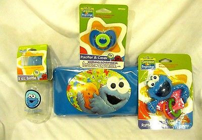 Sesame Street Cookie Monster Infant Bottle,Pacifier,Wipers Travel Case,& Rattler