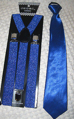 Solid Royal Blue Neck tie & Solid Blue Glittered Adjustable Suspenders Combo!New