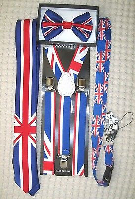 UK British Flag Y-Back Suspenders,UK Lanyard,UK Neck Tie & UK British Bow Tie-v7