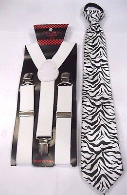 Kids Teens ZEBRA Adjustable Pre-Tied NeckTie & WHITE Adjustable Suspenders Set