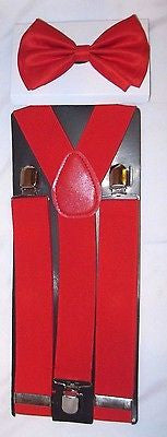 SOLID RED BOW TIE+SOLID RED ADJUSTABLE WIDE 1 1/2" Y-BACK SUSPENDERS COMBO SET