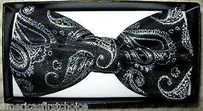 Black Paisley Pattern Adjustable Bow Tie & Black Paisley Y-Back Suspenders-New!