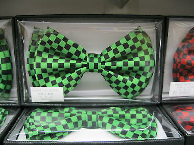 UNISEX TUXEDO BLACK AND GREEN CHECKERED ADJUSTABLE STRAP BOW TIE-NEW GIFT BOX!