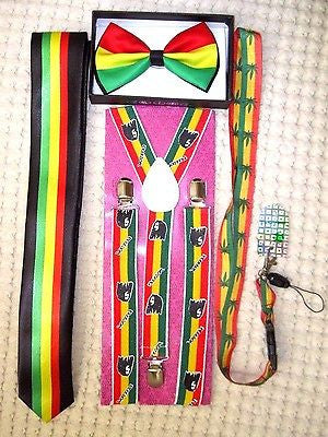 Rasta Stripes Bow Tie,Rasta NeckTie,Rasta Stripes Suspenders&Rasta Lanyard-NEW26