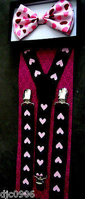 Pink Hearts Valentines Adjustable Bowtie & Pink Hearts Black Suspenders Combo