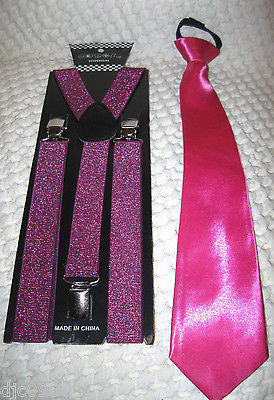 Hot Pink Adjustable Bow Tie,Pink Neck tie & Pink Glittered Suspenders Set-New !