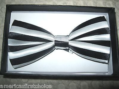 Black White Stripes Bow Tie& Black/White Stripes Adjustable Suspenders Combo-New