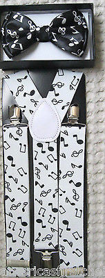 WHITE BLACK MUSICAL NOTES ADJUSTABLE BOW TIE+ ADJUSTABLE MUSIC SUSPENDERS COMBO