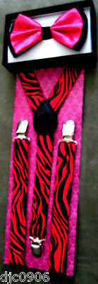 Pink Black Tips Bow tie & Pink Black Leopard Animal Print Suspenders Combo-New!