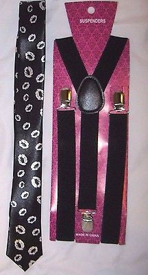 Black with Love and Hearts Necktie,& Solid Red Y-Back Suspenders Set-New!