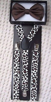 Brown Adjustable Bow tie and Cheetah Leopard Animal Print Adjustable Suspenders