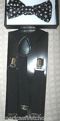 Kids Solid Black Bow Tie & Black Adjustable Suspenders Combo Set-New in Pkg!VR2