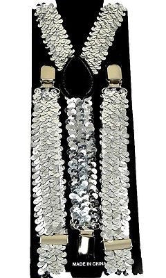 Unisex Adult Kid's SILVER Sequin Y-Back Shape Back Adjustable Suspenders-New