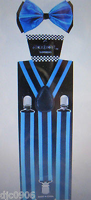 French Blue Adjustable Bow Tie,Neck Tie, & Black+French Blue Stripes Suspenders