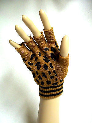 CHEETAH LEOPARD PRINT BROWN BEIGE/TAN FINGERLESS GLOVES KNIT SAFARI ANIMAL-NEW!