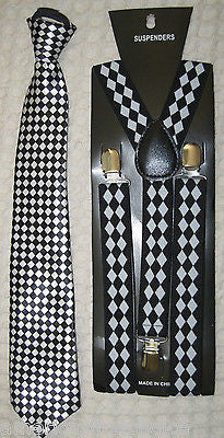 Teens White Black Checkered  Pre-Tied Neck tie&Black White Diamonds Suspenders