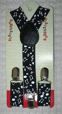 Kids Boys Girls Black with white musical notes  Y-Back Adjustable suspenders-New