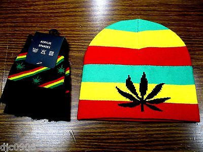 Rasta Red,Yellow,Green MJ Marijuana Leaf Beanie Ski Cap w Rasta MJ Gloves -New!