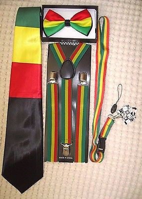 Rasta Stripes Bow Tie,Rasta NeckTie,Rasta Stripes Suspenders&Rasta Lanyard-NEW9