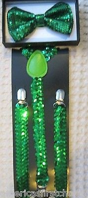 Green Sequin Adjustable Bow Tie & Green Sequin Adjustable Suspenders Combo-New!