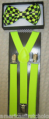 Neon Yellow Green Checkers Bow Tie & Neon Yellow Adjustable Suspenders Combo-New