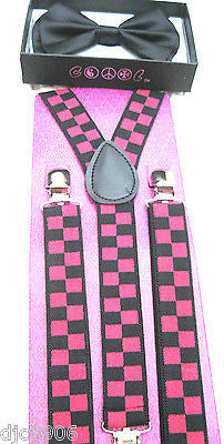 Black Tips Adjustable Bow tie & Pink Checkered Checker Suspenders Combo-New!