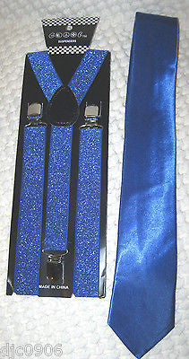 Solid Blue Adjustable Bow Tie and Blue Glittered Suspenders Combo Set! New!!!