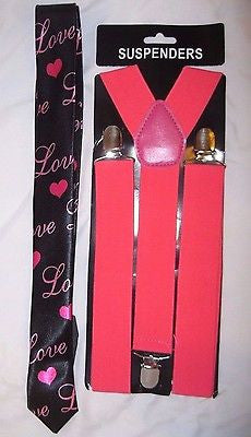 Black with Love and Hearts Necktie,& Solid Red Y-Back Suspenders Set-New!